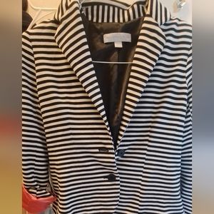 New York & Company white and black striped blazer with option of pink silk cuffs